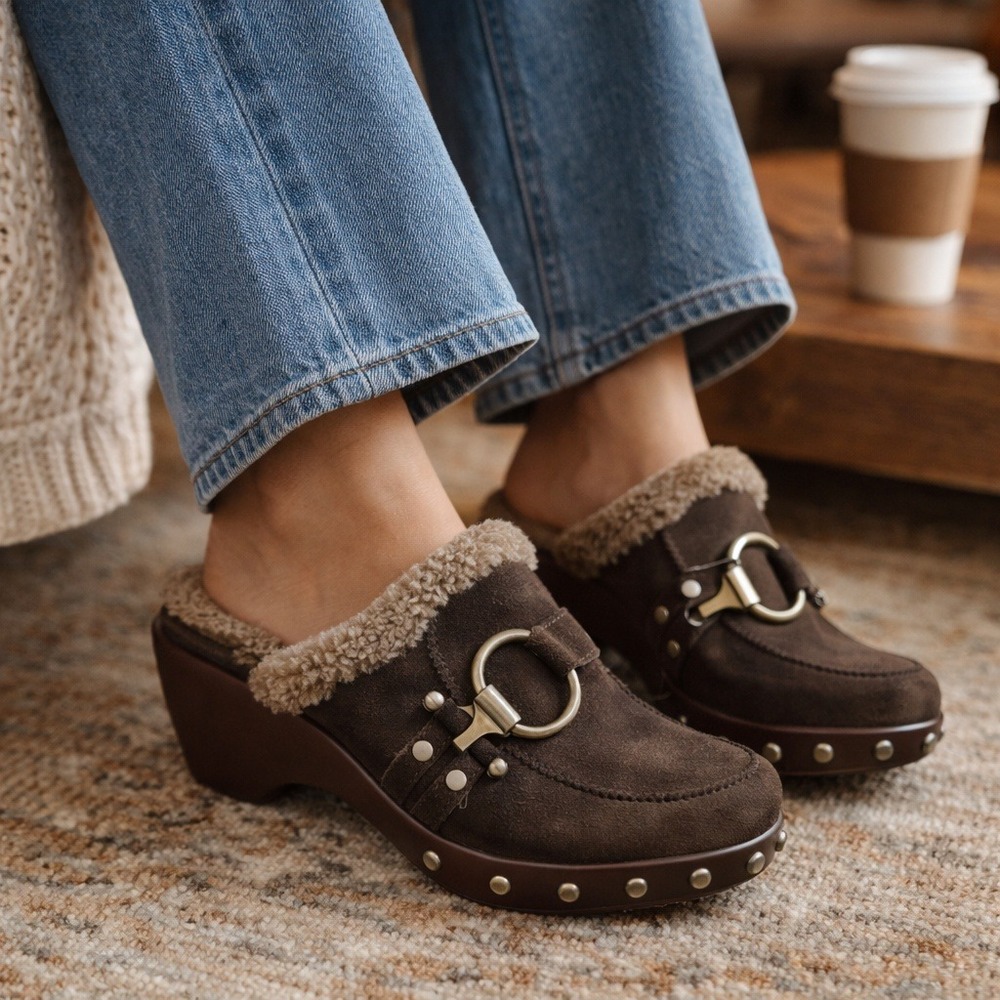 Stuart Weitzman Clogs Mule‎ Brown Suede Sherpa Lined Platform 9 Boho